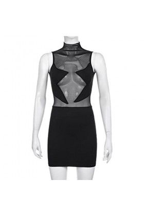 CHOUBAGUAI Sexy Grunge Black Mesh Sheer Bodycon Mini Dress Femmes sans Manches Col Haut Robe Enveloppée Voir à Travers Street