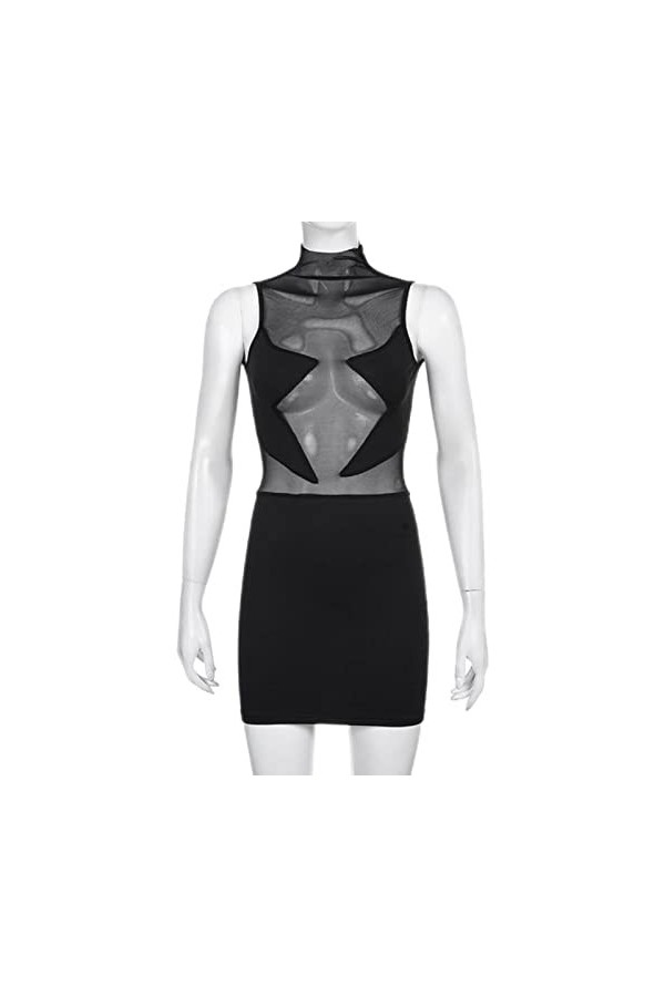 CHOUBAGUAI Sexy Grunge Black Mesh Sheer Bodycon Mini Dress Femmes sans Manches Col Haut Robe Enveloppée Voir à Travers Street