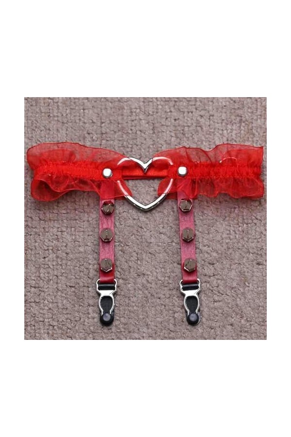 DOKLY Lot de 2 porte-jarretelles élastiques en cuir en forme de cœur avec clips style punk hip-hop gothique pour chaussettes 