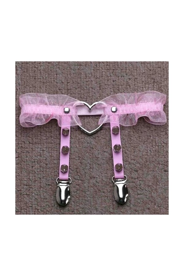 DOKLY Lot de 2 porte-jarretelles élastiques en cuir en forme de cœur avec clips style punk hip-hop gothique pour chaussettes 