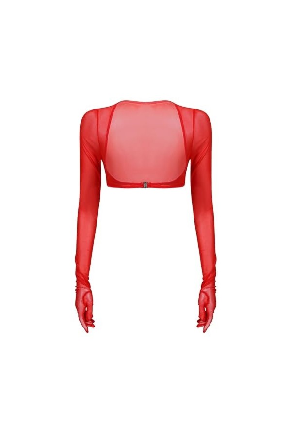 Lingerie Sexy Hauts en Maille Transparente Haut À Manches Longues Ouvert sur Le Devant,Rouge,L