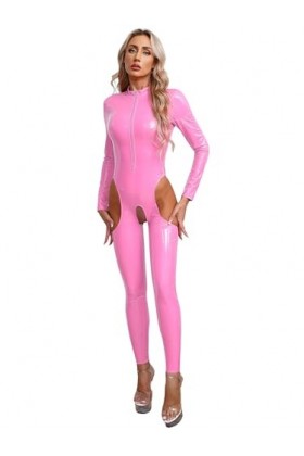 Yeahdor Femmes Combinaison Body Catsuit Sexy Cuir Femme Coquine Erotique Vêtement de Nuit S-4XL Rose A XL