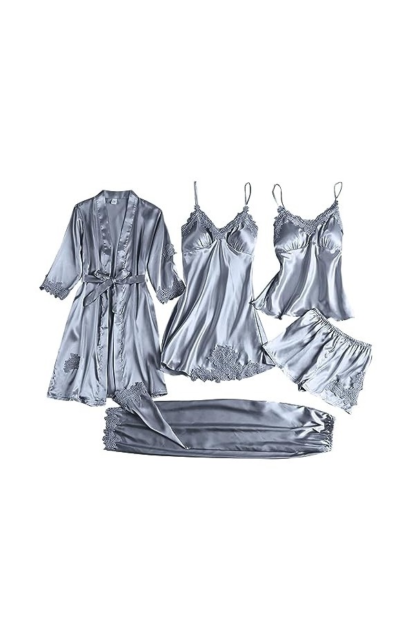 Pyjama 4 pièces Ensemble Pyjamas Femme Couleur Unie Mode Tentation Col en V Vêtements de Maison Pyjama Bandoulière Réglable R