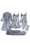 Pyjama en satin 4 pièces Robe Stain Jupon Sexy Nuisette Col rond Chemise de nuit Babydoll Pyjama Robe de chambre Bandoulière 