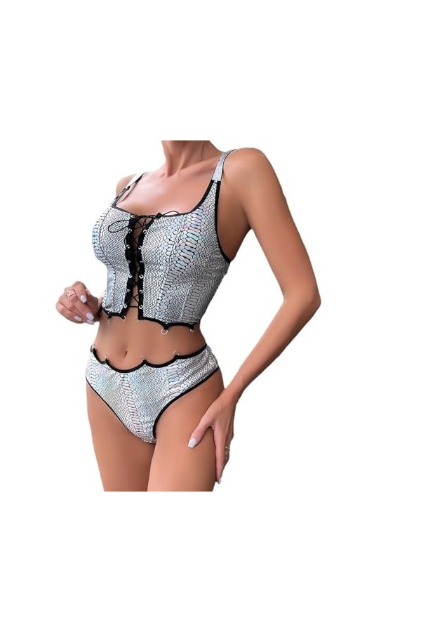La grilleEnsemble de Lingerie érotique Sexy Cross-Strap, Argent, L