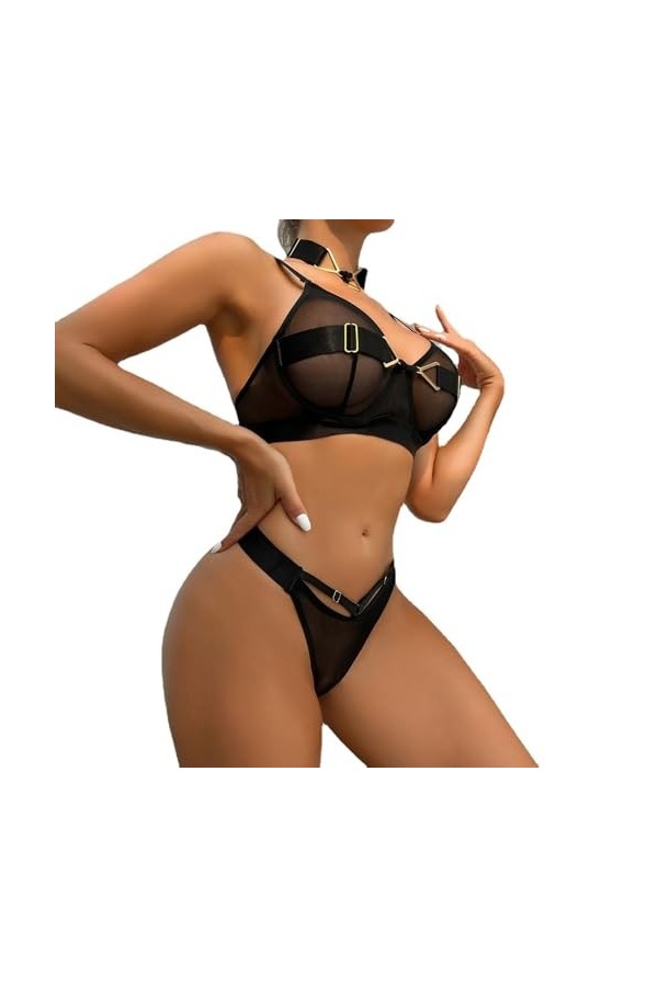 Front ouvertSexy Panneaux en Maille Halterneck Ensemble Lingerie érotique, Noir, S