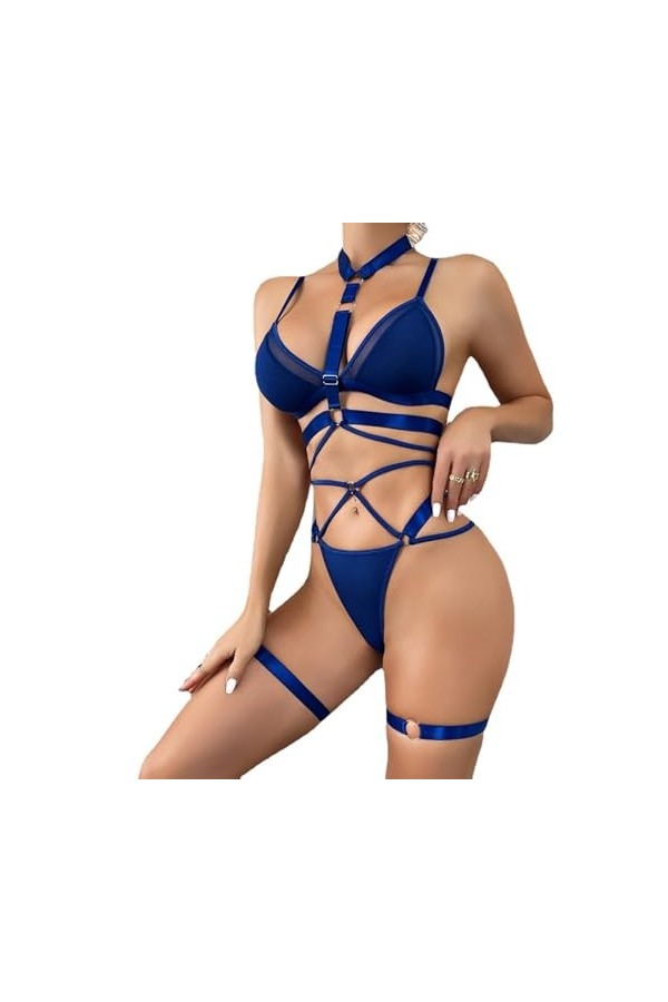 InfirmièreSexy Femme Crossover Lingerie tri-pièces, Bleu, XL