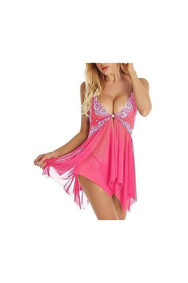 ZTIANEF LatexLingerie érotique Sexy Maille serrée, Rose Rouge, XL