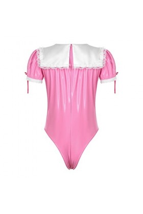 inlzdz Homme Lingerie Sissy Déguisement Costume Soubrette Sexy Robe Cuir Verni Body Dentelle Maillot de Corps Entrejambe Zip 