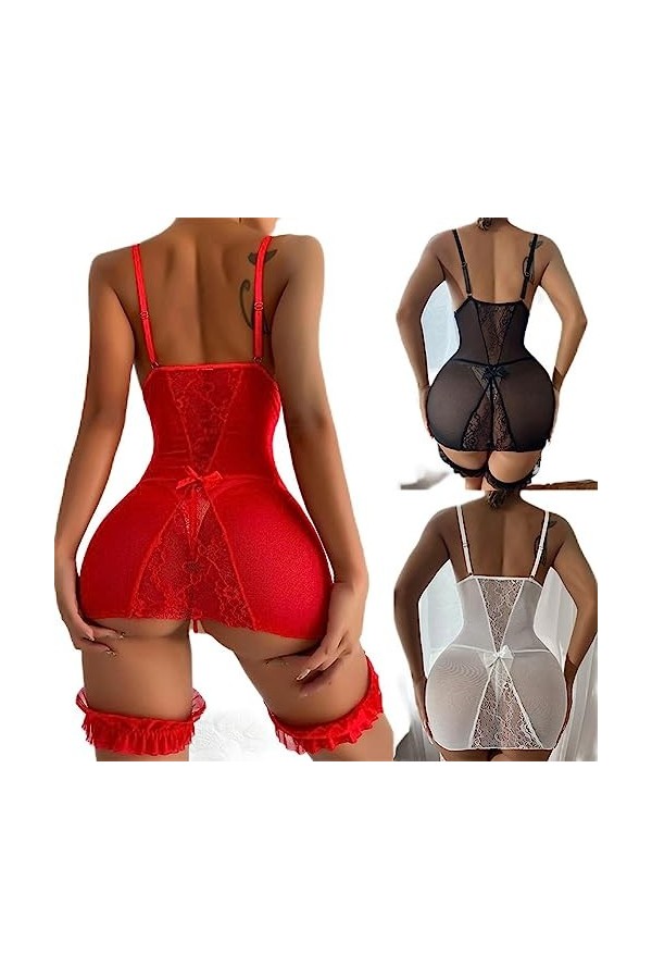 WEITING Plus Size Femmes Mesh Perspective Soutien-Gorge Ensemble Sexy Crotchless Lingerie Baby Doll Dress Dentelle Chemise de