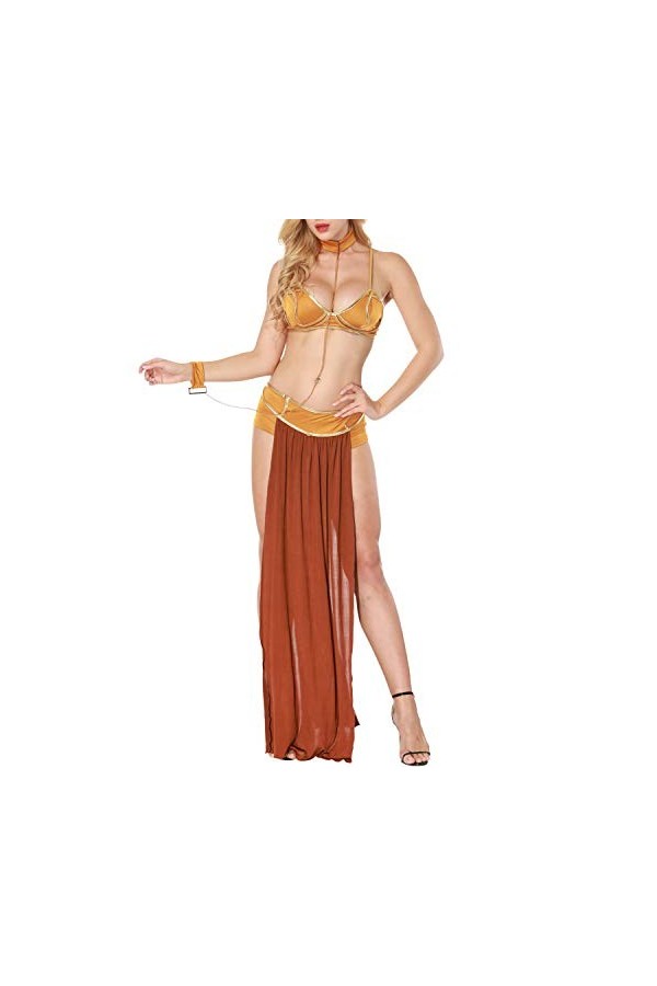 Runstarshow Costume sexy de princesse pour adulte avec soutien-gorge + jupe + culotte + collier ras du cou avec laisse