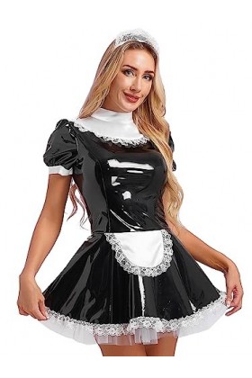 Agoky Robe De Soirée Cocktail Dentelle Déguisement Servante Femme De Chambre Sexy Soubrette Cuir Verni Costume Jeu De Rôle Un