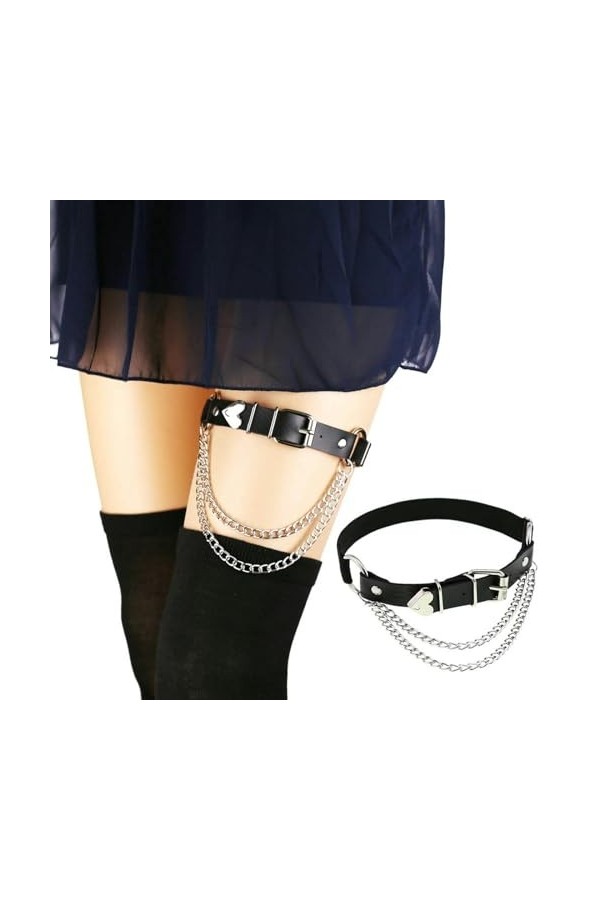 DOKLY Lot de 2 porte-jarretelles élastiques en cuir style punk en forme de cœur pour femme