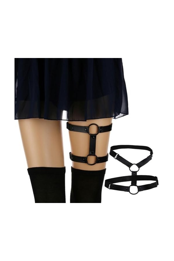 Lot de 2 porte-jarretelles élastiques en cuir punk à double rangée pour femme