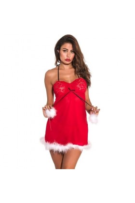 SMBHIAON Lingerie Sexy pour Femmes De Noël - Chemise De Nuit en Dentelle Florale De Couleur Unie avec Bord en Peluche, Jupe D