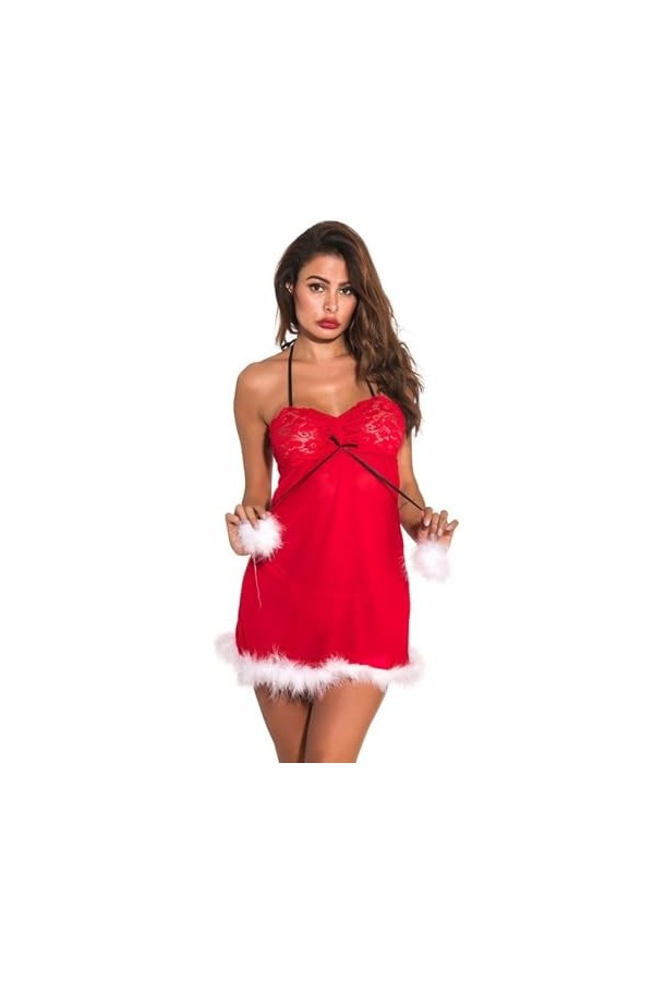 SMBHIAON Lingerie Sexy pour Femmes De Noël - Chemise De Nuit en Dentelle Florale De Couleur Unie avec Bord en Peluche, Jupe D