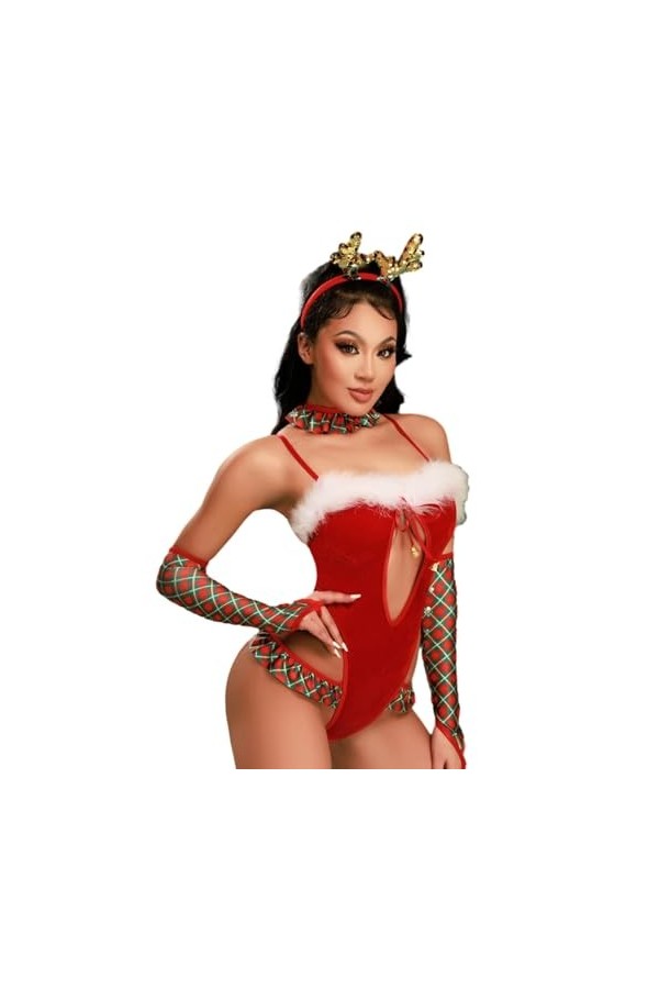 Tenues De Noël Sexy pour Femme – Couleur Unie, Col en V Profond, Nœud sur Le Devant, Ensemble Quatre Pièces, Lingerie, Créati