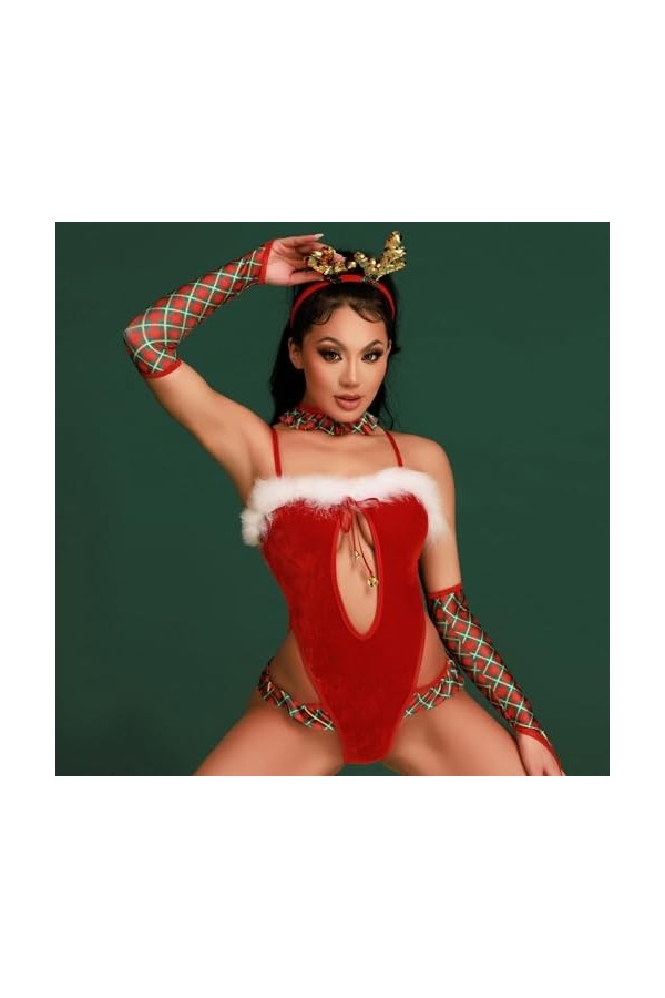 Tenues De Noël Sexy pour Femme – Couleur Unie, Col en V Profond, Nœud sur Le Devant, Ensemble Quatre Pièces, Lingerie, Créati