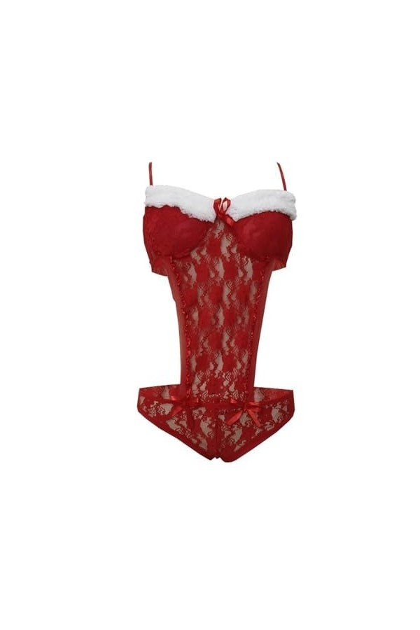 SMBHIAON Lingerie Sexy pour Noël - Une Pièce De Noël Transparente en Dentelle Florale De Couleur Unie, Bord en Peluche Person