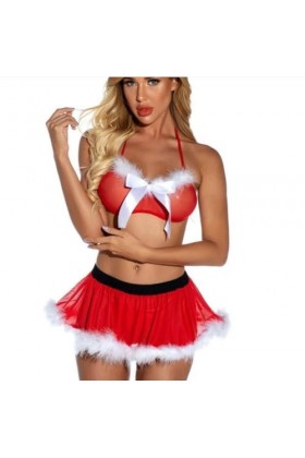 SMBHIAON Lingerie Sexy De Noël pour Femme – Chemise De Nuit avec Bord en Peluche De Couleur Unie, Style Sexy À Trois Points, 