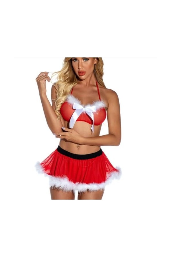 SMBHIAON Lingerie Sexy De Noël pour Femme – Chemise De Nuit avec Bord en Peluche De Couleur Unie, Style Sexy À Trois Points, 