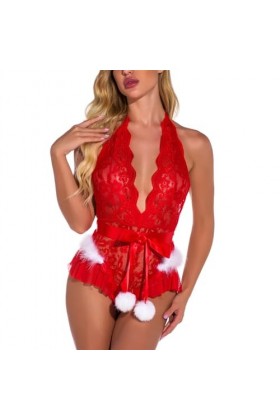 Ensemble De Lingerie Sexy pour Noël - Couleur Unie Joli Nœud Transparent en Dentelle Brodée, Jupe À Bretelles Une Pièce, Stri