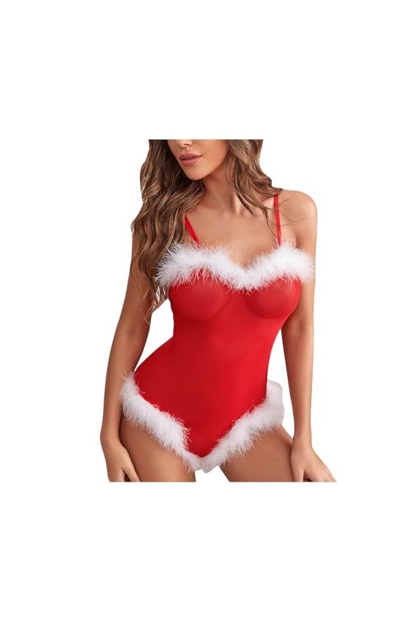 SMBHIAON Lingerie De Noël pour Femmes - Sexy Col en V Bretelles Réglables Bord en Peluche Body Lingerie, Créativité Babydoll 