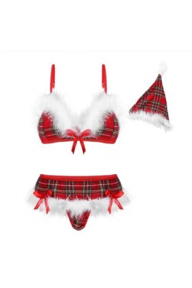 Tenues De Noël Sexy pour Femme – Ensemble De Lingerie À Carreaux, Soutien-Gorge Et Culotte avec Chapeau De Noël, Vêtements De