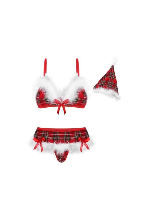 Tenues De Noël Sexy pour Femme – Ensemble De Lingerie À Carreaux, Soutien-Gorge Et Culotte avec Chapeau De Noël, Vêtements De