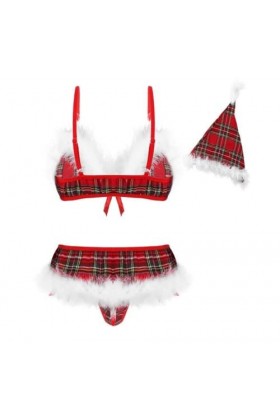 Tenues De Noël Sexy pour Femme – Ensemble De Lingerie À Carreaux, Soutien-Gorge Et Culotte avec Chapeau De Noël, Vêtements De