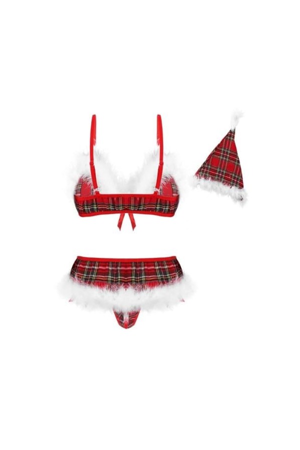 Tenues De Noël Sexy pour Femme – Ensemble De Lingerie À Carreaux, Soutien-Gorge Et Culotte avec Chapeau De Noël, Vêtements De