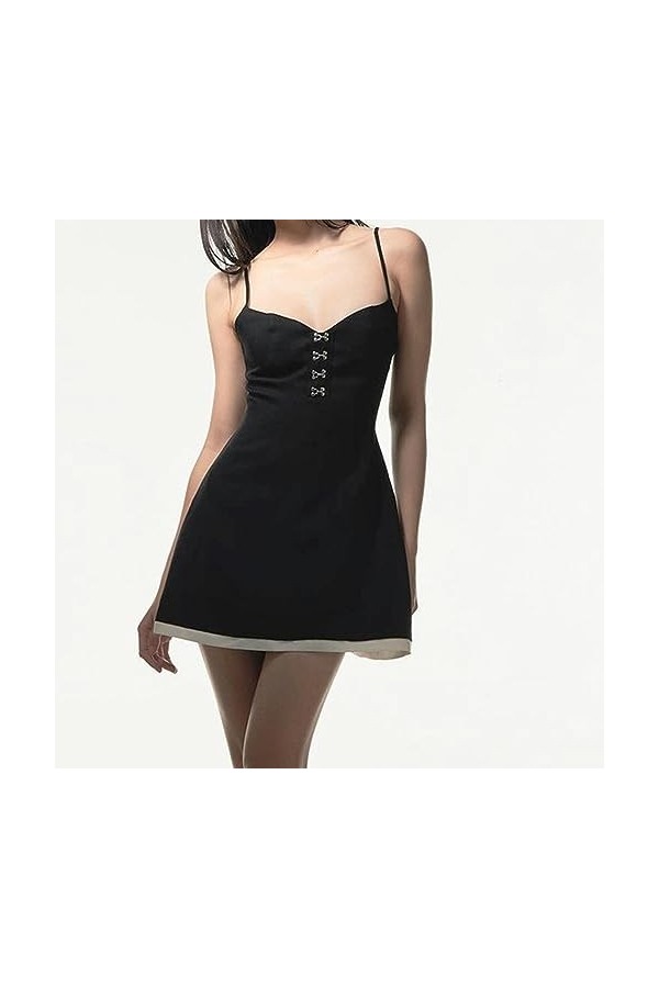 CABULE Mini Robe Sexy en métal avec décolleté en V Profond et Dos Ouvert, Fine, Harajuku Y2k, Vintage, Noire, élégante, Robes