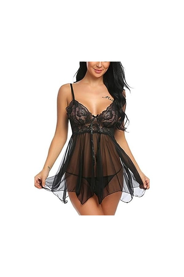 ZTIANEF LatexSexy Front Split Chemise de Nuit Bretelles Pyjama Lingerie érotique, Noir, 3XL