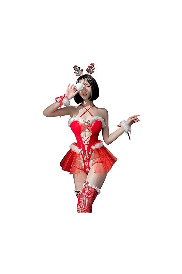 SINMIUANIME Costume de Père Noël pour femme - Lingerie de princesse de Noël - Robe sexy une pièce - 7436 Rouge