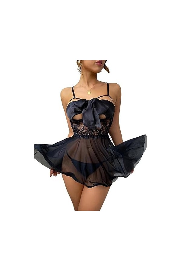 Plus Grande tailleSexy Dames Une pièce Lingerie érotique Dos Nu Pyjama Transparent, Noir, XL