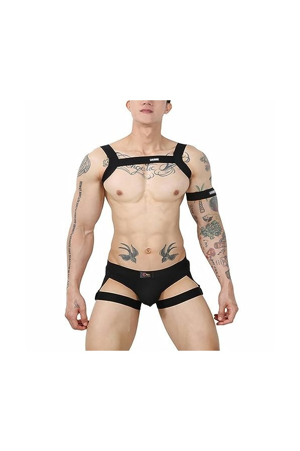 Harnais String Ensemble Lingerie Hommes Corps Poitrine Sangles G String sous-Vêtements Sexy Jambe Anneau Costume Jockstrap-No