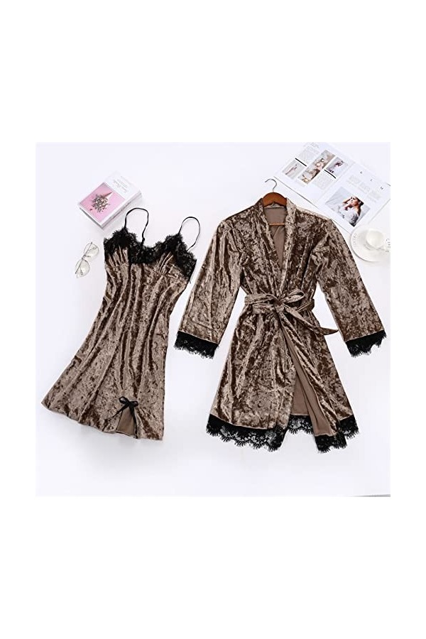 Jiabing Pyjama Sexy pour Femmes Dentelle Velours Dentelle de Couleur Solide Pyjama Deux pièces Nuit de Nuit sous-vêtements de