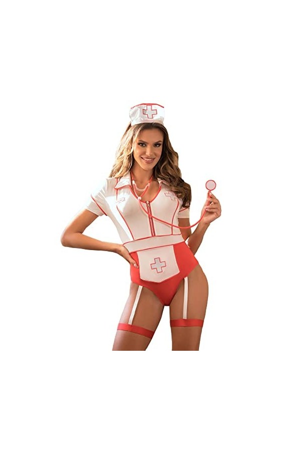 ohmydear Costume Négligé Cosplay Body Costume Fête dHalloween Ensemble Lingerie Uniforme de Soins Sexy Femme Lingerie Femme 