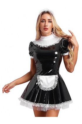 Agoky Robe De Soirée Cocktail Dentelle Déguisement Servante Femme De Chambre Sexy Soubrette Cuir Verni Costume Jeu De Rôle Un