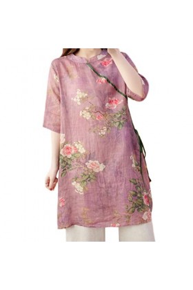 Robe chemise traditionnelle chinoise Qipao pour femme - Imprimé floral ethnique - Tunique Cheongsam, violet, Taille L