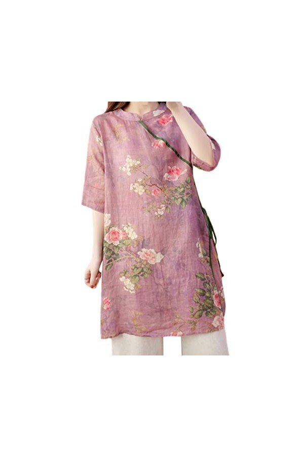 Robe chemise traditionnelle chinoise Qipao pour femme - Imprimé floral ethnique - Tunique Cheongsam, violet, Taille L