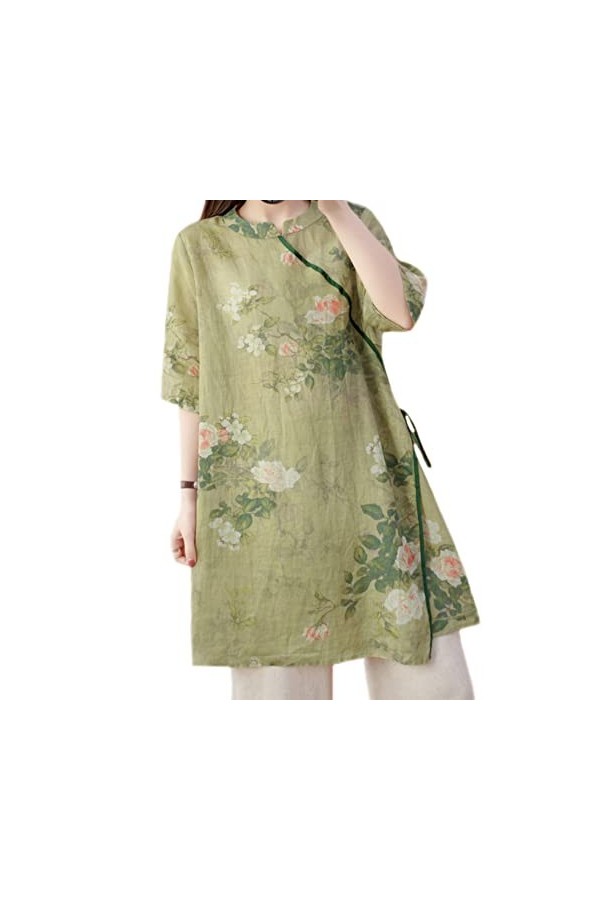 Robe chemise traditionnelle chinoise Qipao pour femme - Imprimé floral ethnique - Tunique Cheongsam, violet, Taille L