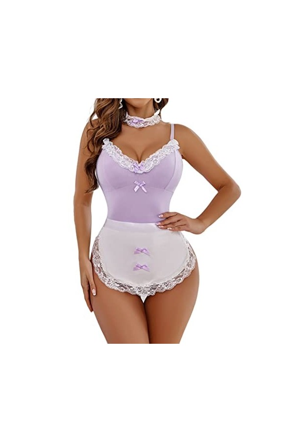 Avidlove Ensemble de costume de femme sexy pour femme - Taille plus - Lingerie cosplay et tablier avec collier