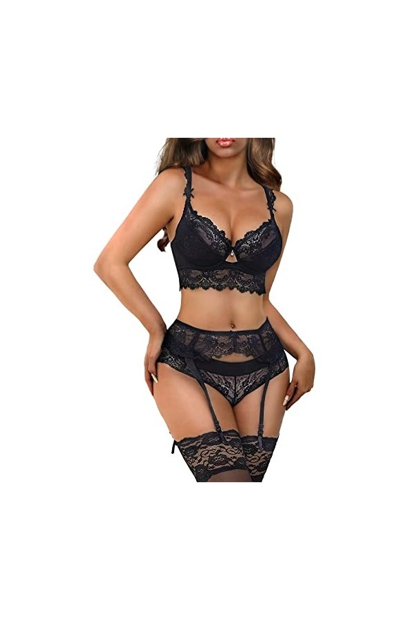 Lingerie féminine 4 pièces Sexy Soutien-Gorge Knickers Jarretière Ceinture Tentation Set