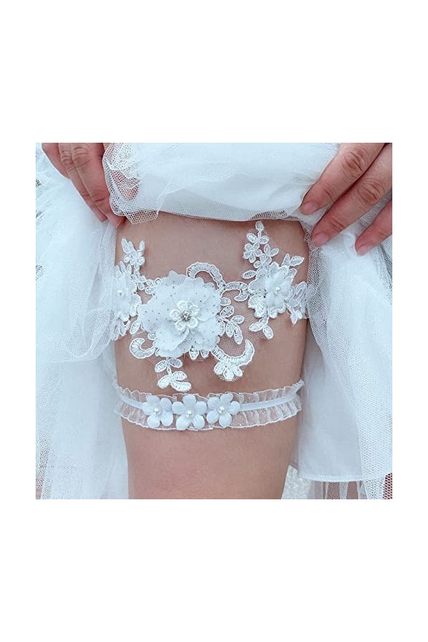 AWOCAN Accessoires pour jarretière de mariage avec ruban décoré avec un nœud, une dentelle fleurie, des strass, des décoratio