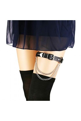 alisikee Jarretière en cuir réglable avec chaînes, élastique punk rock pour femmes et filles - noir - Taille Unique