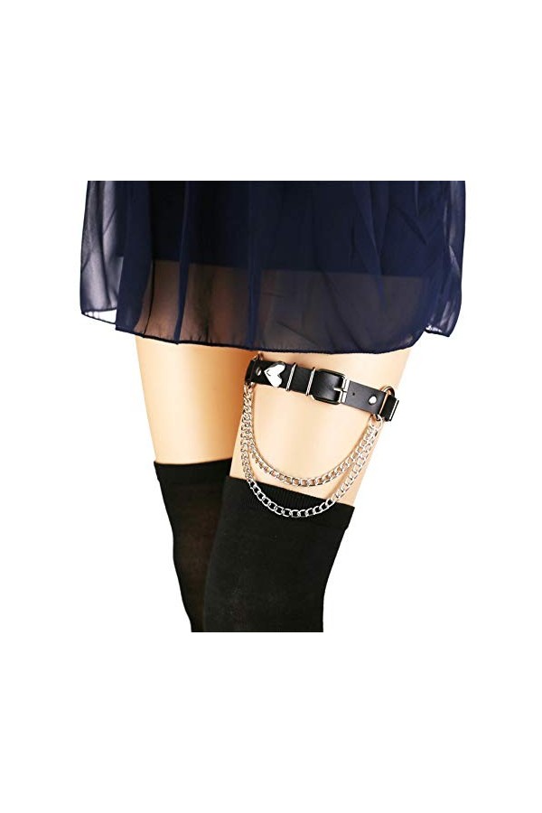 alisikee Jarretière en cuir réglable avec chaînes, élastique punk rock pour femmes et filles - noir - Taille Unique