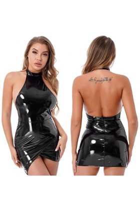 YONGBAO Robe en latex pour femme - Style gothique punk - Robe de bal de fin dannée, boîte de nuit - Robe dos nu - Noir, XXXL