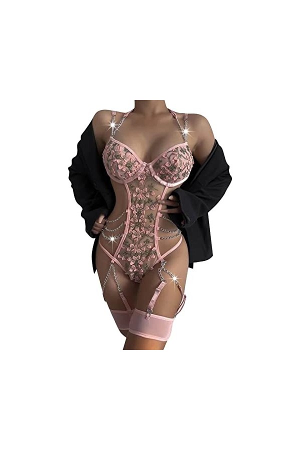Fulidngzg Lingerie sexy noire pour femme - Nuisette élégante - Grandes tailles - Body gainant - Lingerie érotique - Body ouve
