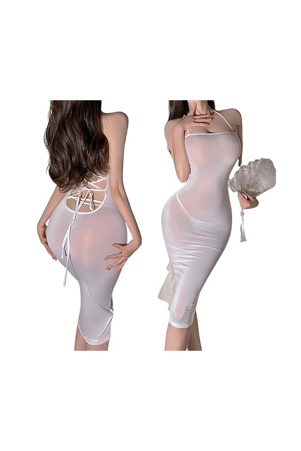 SINROYEE Robe de nuit moulante sexy sans manches pour femme, BLANC, taille unique